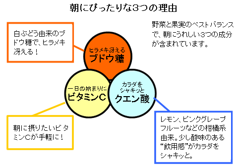 野菜と果実のベストバランスで、朝にうれしい３つの成分が含まれています。