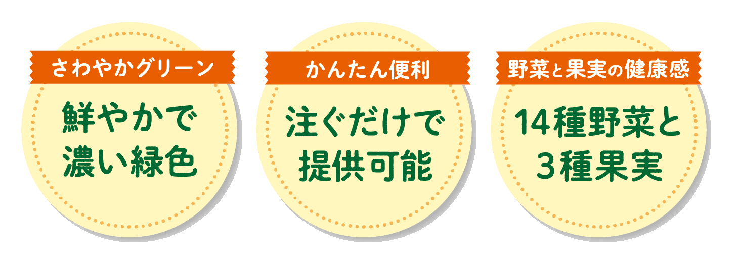 さわやかグリーン 鮮やかで濃い緑色 かんたん便利 注ぐだけで提供可能 野菜と果実の健康感 14種野菜と3種果実