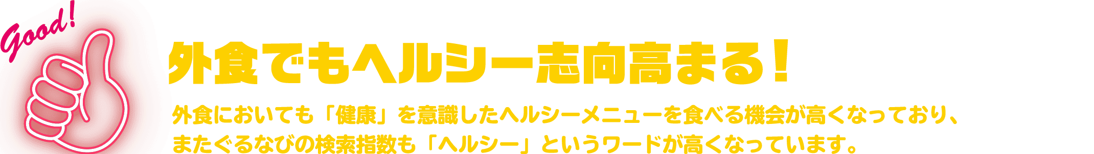 外食でもヘルシー志向高まる! 外食においても「健康」を意識したヘルシーメニューを食べる機会が高くなっており、またぐるなびの検索指数も「ヘルシー」というワードが高くなっています。