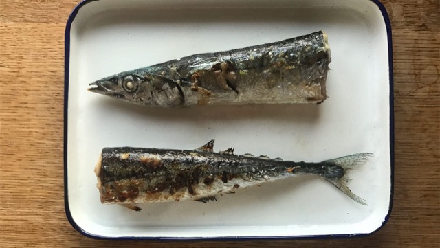 さんまは半分に切ってワタを除き、塩をして両面を焼く