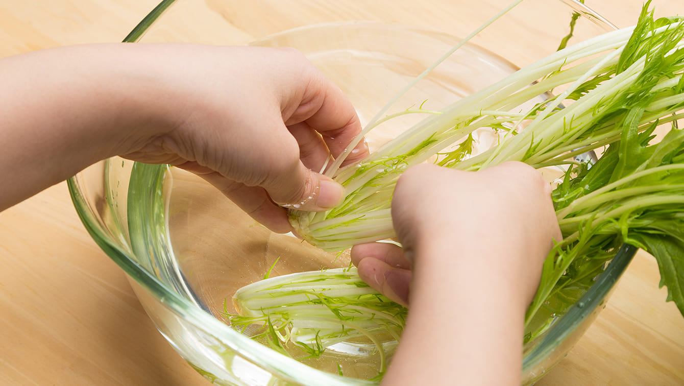 水菜の洗い方のコツ：根元に土が入り込んでいるため、しっかり洗い落としましょう