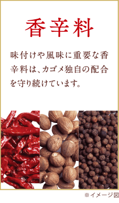 香辛料　味付けや風味に重要な香辛料は、カゴメ独自の配合を守り続けています。