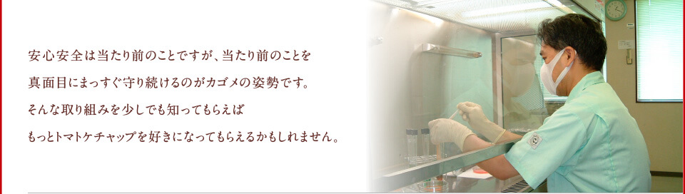 カゴメが誇る安心品質。安心安全は当たり前のことですが、当たり前のことを真面目にまっすぐ守り続けるのがカゴメの姿勢です。そんな取り組みを少しでも知ってもらえばもっとトマトケチャップを好きになってもらえるかもしれません。 