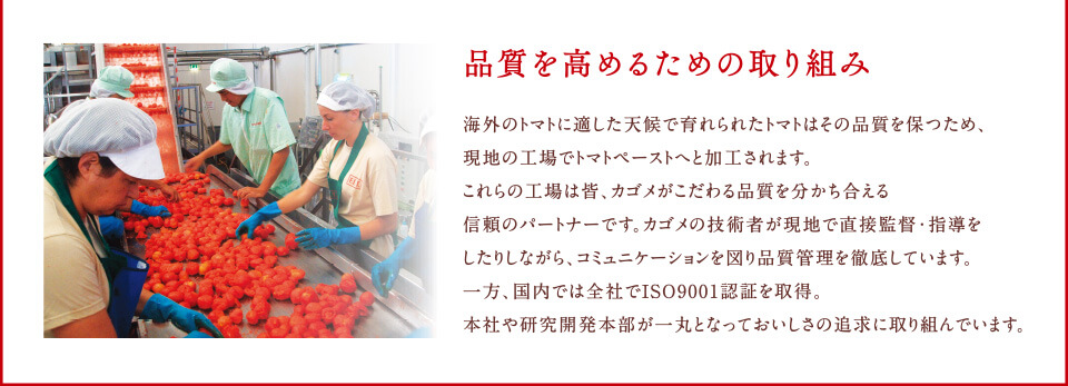 品質を高めるための取り組み。海外のトマトに適した天候で育れられたトマトはその品質を保つため、現地の工場でトマトペーストへと加工されます。これらの工場は皆、カゴメがこだわる品質を分かち合える信頼のパートナーです。カゴメの技術者が現地で直接監督・指導をしたりしながら、コミュニケーションを図り品質管理を徹底しています。一方、国内では全社でISO9001認証を取得。本社や研究開発本部が一丸となっておいしさの追求に取り組んでいます。