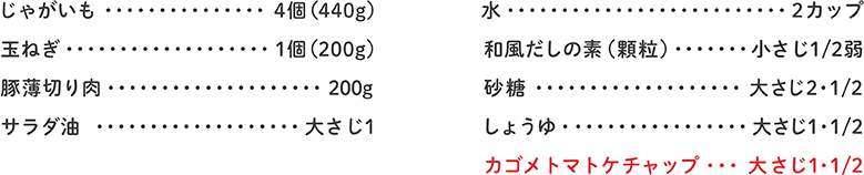 じゃがいも 4個（440g）、玉ねぎ 1個（200g）、豚薄切り肉 200g、サラダ油 大さじ1、水 2カップ、和風だしの素（顆粒） 小さじ1/2弱、砂糖 大さじ2・1/2、しょうゆ 大さじ1・1/2、カゴメトマトケチャップ 大さじ1・1/2