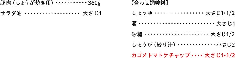 豚肉（しょうが焼き用） 360g、サラダ油 大さじ1、【合わせ調味料】しょうゆ 大さじ1・1/2、酒 大さじ1、砂糖 大さじ1/2、しょうが（絞り汁） 小さじ2、カゴメトマトケチャップ 大さじ1・1/2