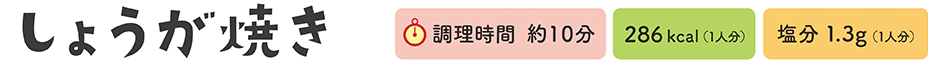 しょうが焼き　調理時間 約10分、286kcal（1人分）、塩分1.3g（1人分）