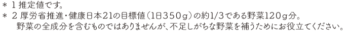 ＊１推定値です。＊２厚労省推進・健康日本２１の目標値（１日３５０ｇ）の約１/３である野菜１２０ｇ分。野菜の全成分を含むものではありませんが、不足しがちな野菜を補うためにお役立てください。