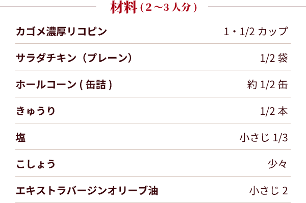 材料（2?3人分）：カゴメ濃厚リコピン：1・1/2カップ。サラダチキン（プレーン）：1/2袋。ホールコーン(缶詰)：約1/2缶。きゅうり：1/2本。塩：小さじ1/3。こしょう：少々。エキストラバージンオリーブ油：小さじ2。