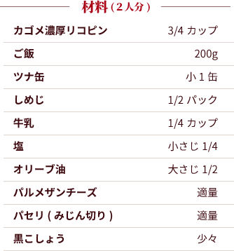 材料（2人分）：カゴメ濃厚リコピン：3/4カップ。ご飯：200g。ツナ缶：小1缶。しめじ：1/2パック。牛乳：1/4カップ。塩：小さじ1/4。オリーブ油：大さじ1/2。パルメザンチーズ：適量。パセリ(みじん切り)：適量。黒こしょう：少々。