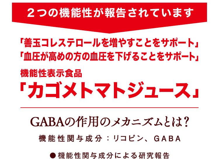 2つの機能性が報告されています。「善玉コレステロールを増やすことをサポート」「血圧が高めの方の血圧を下げることをサポート」機能性表示食品「カゴメトマトジュース」GABAの作用のメカニズムとは？