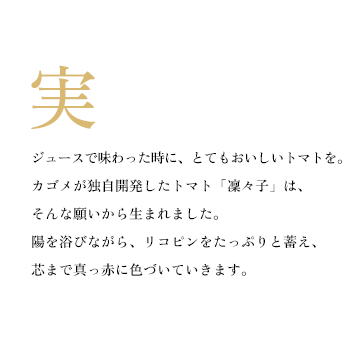 ジュースで味わった時に、とてもおいしいトマトを。カゴメが独自開発したトマト「凜々子」は、そんな願いから生まれました。陽を浴びながら、リコピンをたっぷりと蓄え、芯まで真っ赤に色づいていきます。