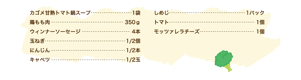 カゴメ甘熟トマト鍋スープ 1袋、鶏もも肉 350g、ウィンナーソーセージ 4本、玉ねぎ 1/2個、にんじん 1/2本、キャベツ 1/2玉