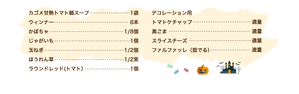 カゴメ甘熟トマト鍋スープ 1袋、ウィンナー 8本、かぼちゃ 1/8個、じゃがいも 1個、玉ねぎ 1/2個、ほうれん草 1/2束、ラウンドレッド(トマト） 1個、【デコレーション用】トマトケチャップ 適量、黒ごま 適量、スライスチーズ 適量、ファルファッレ（茹でる） 適量