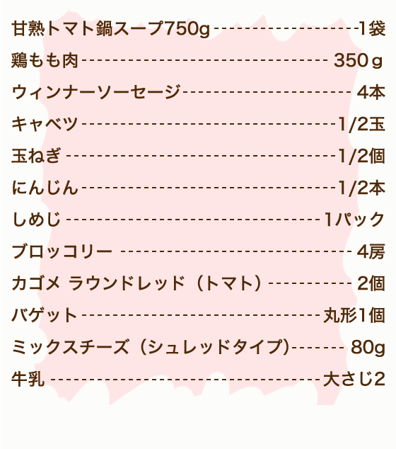 カゴメ甘熟トマト鍋スープ 1袋、鶏もも肉 350g、ウィンナーソーセージ 4本、玉ねぎ 1/2個、にんじん 1/2本、キャベツ 1/2玉