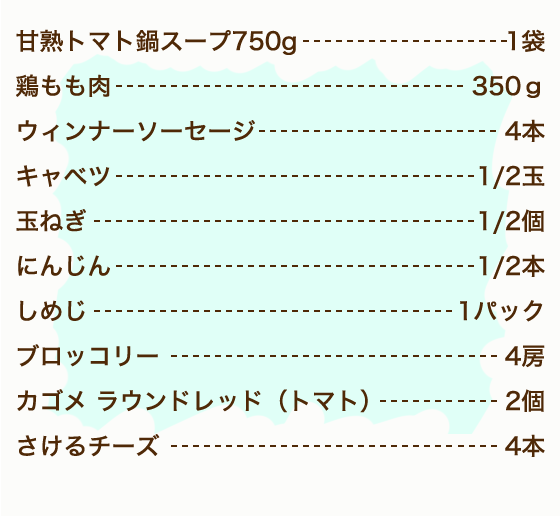 カゴメ甘熟トマト鍋スープ 1袋、鶏もも肉 350g、ウィンナーソーセージ 4本、玉ねぎ 1/2個、にんじん 1/2本、キャベツ 1/2玉