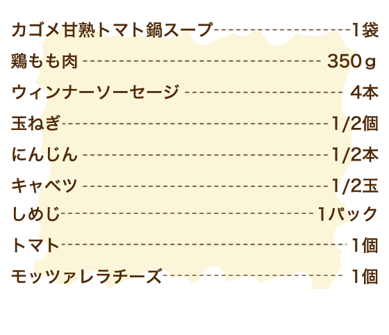 カゴメ甘熟トマト鍋スープ 1袋、鶏もも肉 350g、ウィンナーソーセージ 4本、玉ねぎ 1/2個、にんじん 1/2本、キャベツ 1/2玉