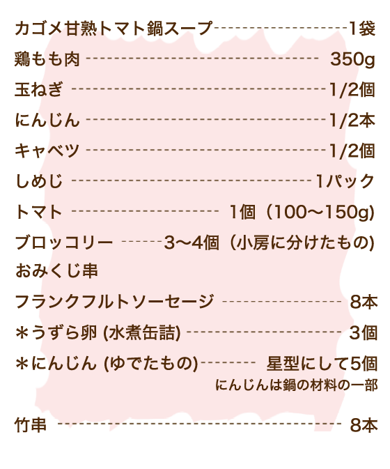 カゴメ甘熟トマト鍋スープ 1袋、鶏もも肉 350g、玉ねぎ 1/2個、にんじん 1/2本、キャベツ 1/2個、しめじ 1パック、トマト 1個（100～150g)、ブロッコリー 3～4個（小房に分けたもの)、【おみくじ串】フランクフルトソーセージ 8本、＊うずら卵(水煮缶詰) 3個、＊にんじん(ゆでたもの) 星型にして5個、竹串 8本